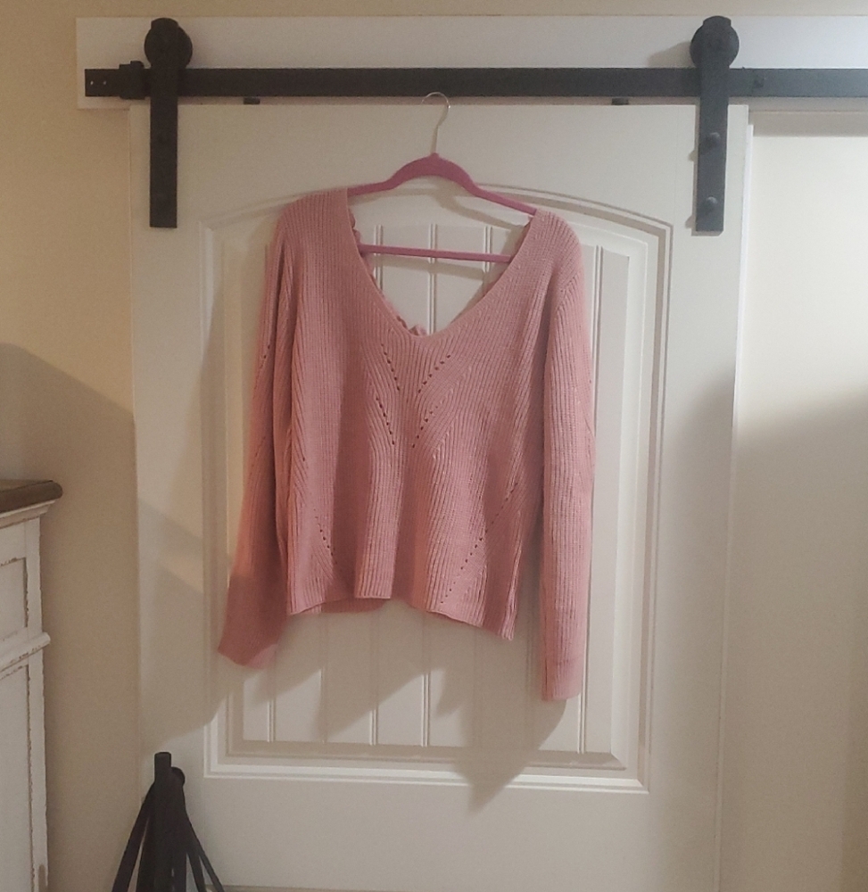 Soft Pink V-Neck Sweater with Relaxed Fit Bows On Back. Super Cute And Fun!